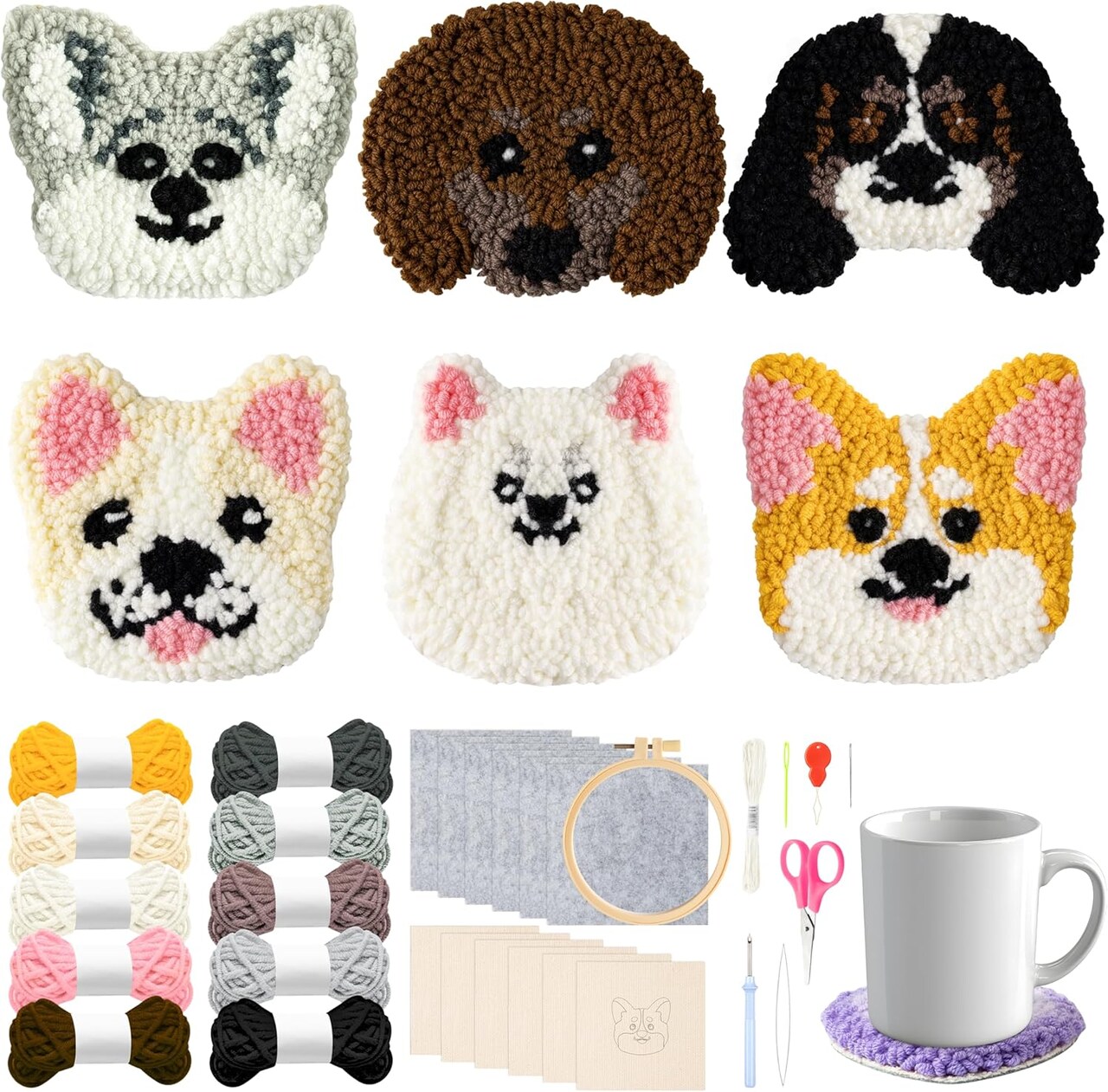 Punch Needle Coaster Kit for Beginners – 22-Piece DIY Set, 6 Puppy Head Patterns with Yarn, Adhesive Felt, Embroidery Hoop, Tools & Instructions